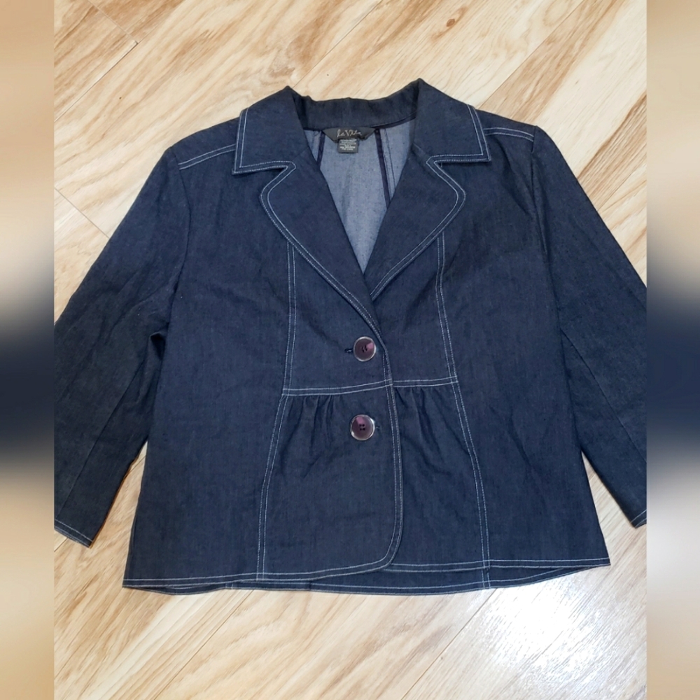 Blazer Cropped Jacket,dark Washed Denim Button Front Large,collar Peplum Office,